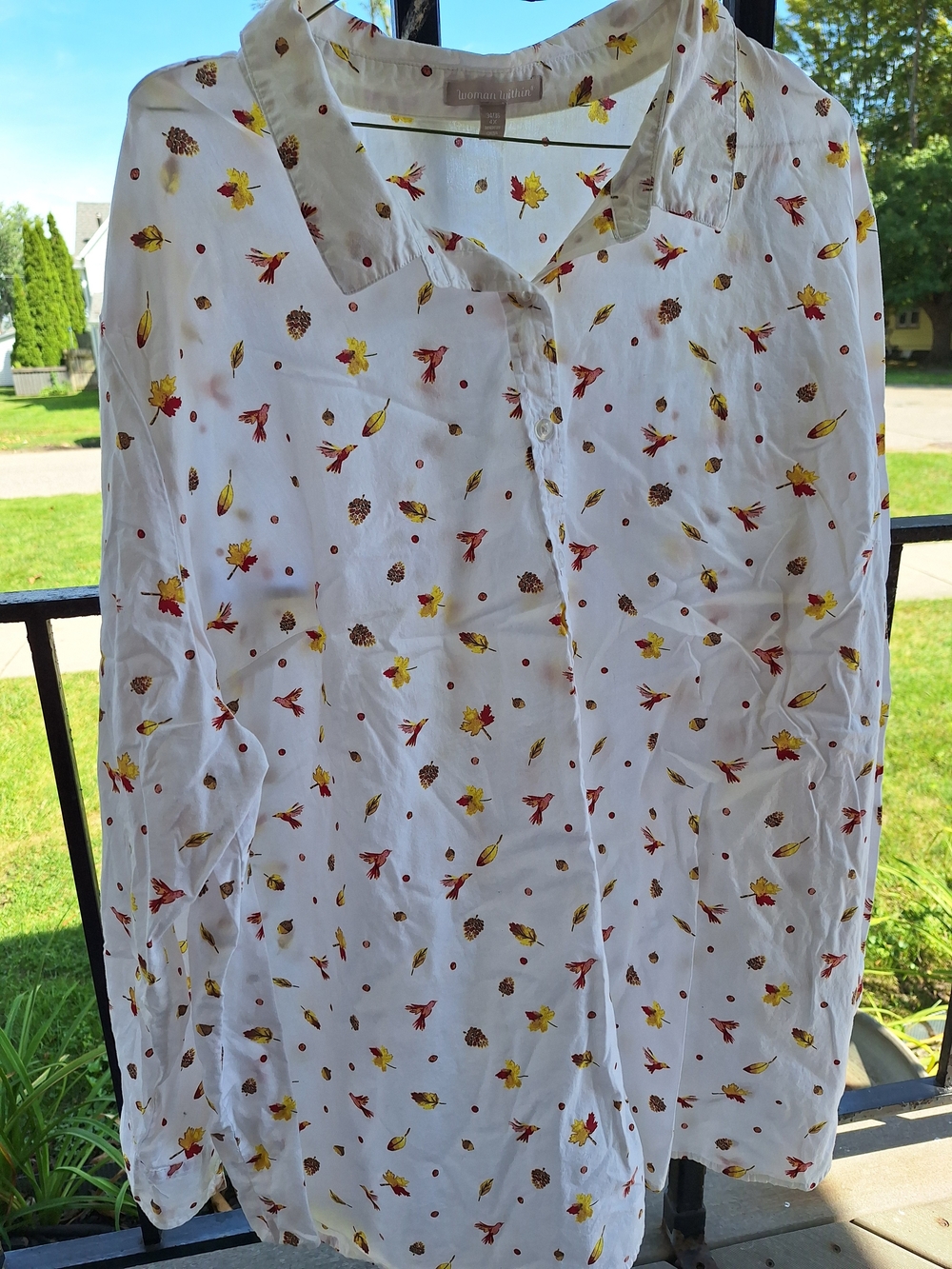 Woman Within White Button-Down Shirt with Yellow & Red Fall Motif